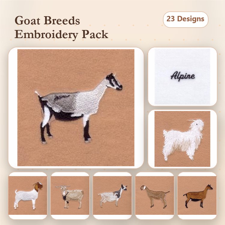 Farm Animal Embroidery Bundle – Alpine Goat, Nigerian Dwarf Goat, Saanen Goat & More (23 Designs)