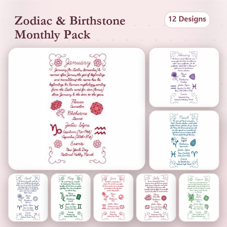 Zodiac & Birthstone Embroidery Designs Bundle – January to December & More (12 Designs)