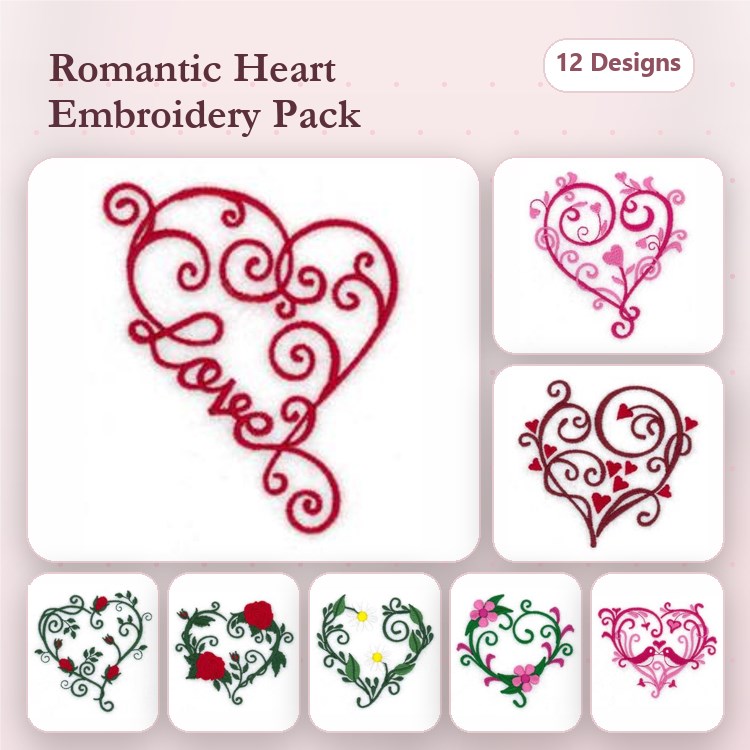 Redwork Romantic Hearts Embroidery Designs Bundle – Heart with Love, Floral Heart with Roses, Heart with Swirls & More (12 Designs)