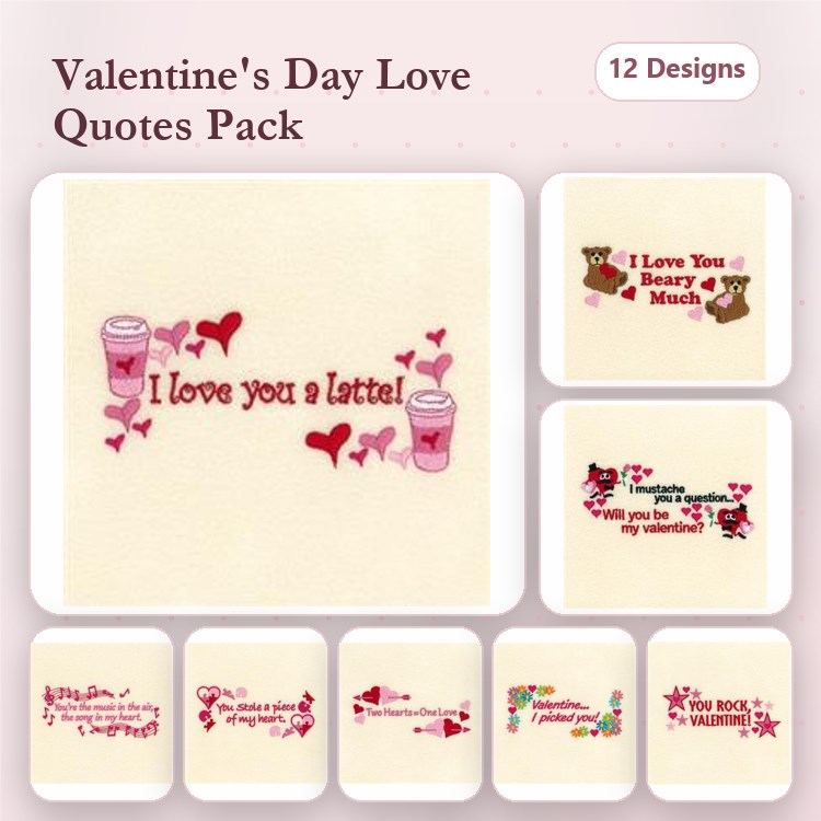 Valentine's Day Quotes Embroidery Designs Bundle – I Love You a Latte, You're Sweet, Love Is in the Air & More (12 Designs)