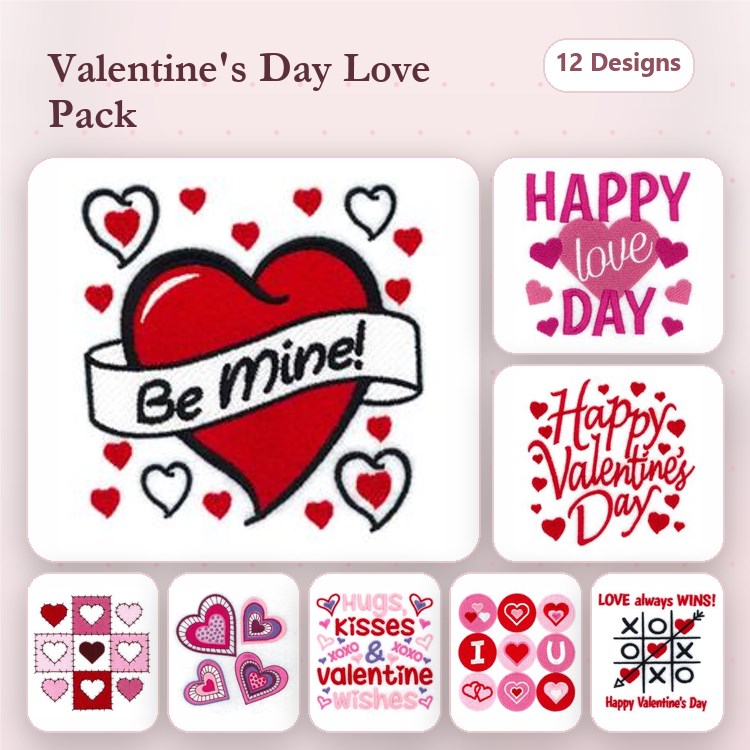 Valentine's Day Hearts Embroidery Designs Bundle – Be Mine Heart, Happy Love Day, Hugs Kisses & Valentine Wishes & More (12 Designs)
