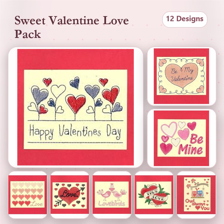 Valentine's Day Embroidery Designs Bundle – Cupid, Lovebirds, Hearts & More (12 Designs)