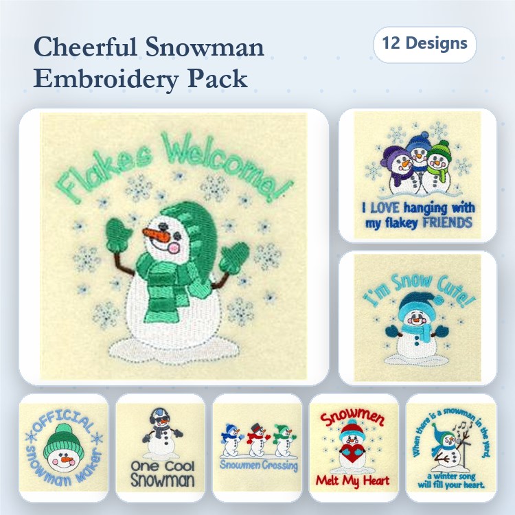Cheerful Snowman & Penguin Embroidery Bundle – Welcome Snowman, I'm Snow Cute, Frosty Friends & More (12 Designs)