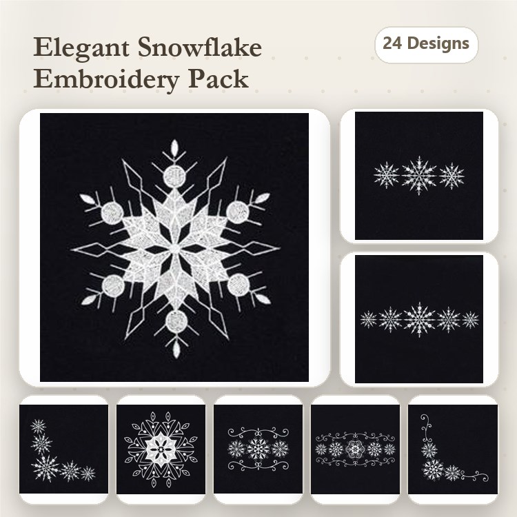 FSL Elegant Snowflakes Embroidery Designs Bundle – Large Snowflake, Ornate Snowflake, Simple Snowflake & More (24 Designs)