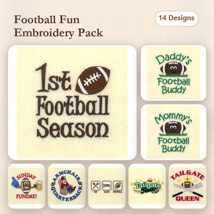Football Themed Embroidery Designs Bundle – Daddy's Football Buddy, Tailgate Queen, Game Day & More (14 Designs)