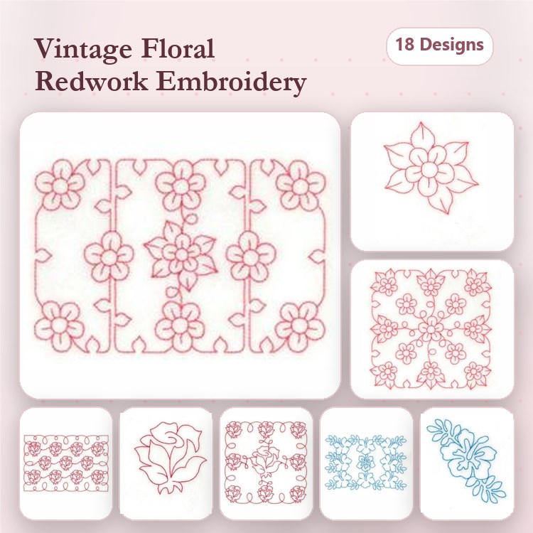 Redwork Vintage Floral Embroidery Bundle – Floral Border, Blossom Cluster, Rose with Stem & More (18 Designs)