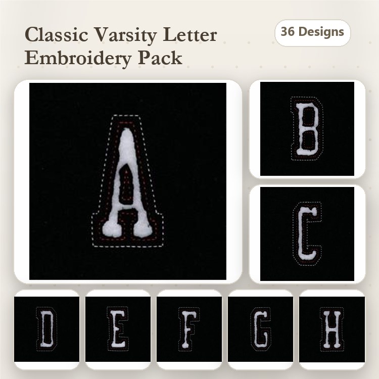 Varsity Letters Embroidery Bundle – A, B, C, D, E, F, G, H & More (36 Designs)