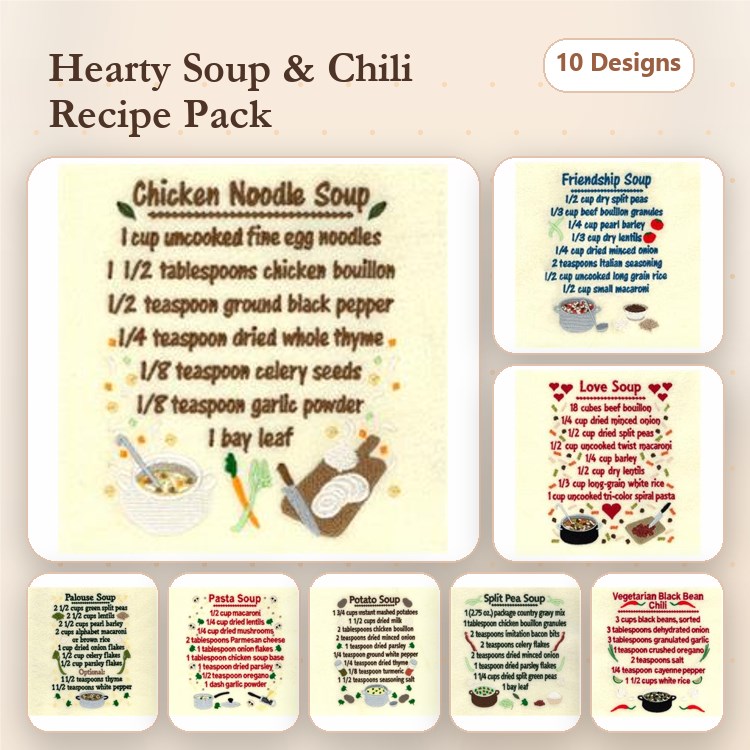 Hearty Soup & Chili Recipes Embroidery Designs Bundle – Chicken Noodle, Beef Chili, Corn Chowder & More (10 Designs)