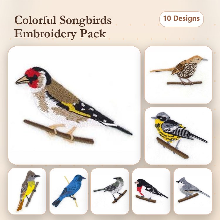 Colorful Songbirds Embroidery Bundle – Goldfinch, American Robin, Common Blackbird & More (10 Designs)