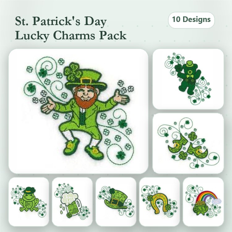 St. Patrick's Day Embroidery Designs Bundle – Leprechaun, Shamrock, Rainbow & More (10 Designs)