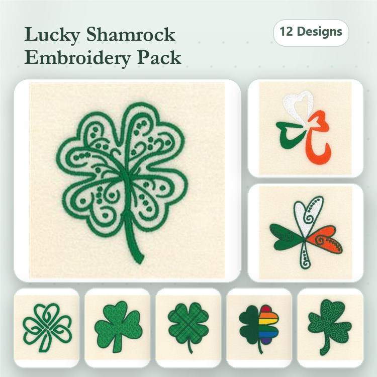 Shamrock Embroidery Designs Bundle – Four Leaf Clover, Decorative Shamrock, Shamrock with Heart & More (12 Designs)