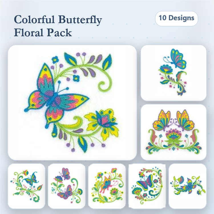 Colorful Butterfly Embroidery Designs Bundle – Large Butterfly, Floral Arrangement, Butterfly with Vines & More (10 Designs)