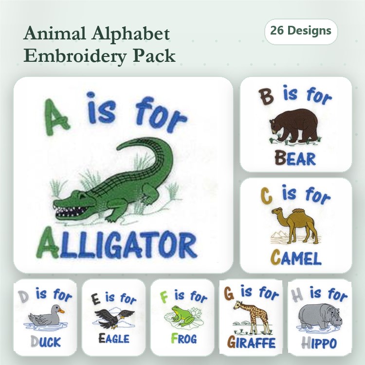 Animal Alphabet Embroidery Bundle – A is for Alligator, B is for Bear, C is for Camel & More (26 Designs)