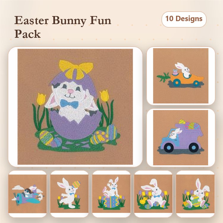 Applique Easter Bunny Embroidery Bundle – Bunny in Egg, Bunny with Car, Bunny Peeking & More (10 Designs)