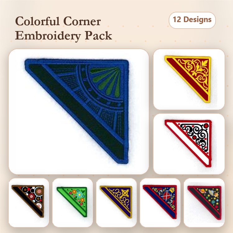 Applique Colorful Corner Embellishments Embroidery Bundle – Radiating Lines, Floral, Swirls & More (12 Designs)