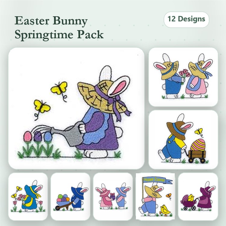 Easter Bunny Embroidery Bundle – Bunny with Flowers, Bunny in Blue Overalls, Bunny with Basket & More (12 Designs)