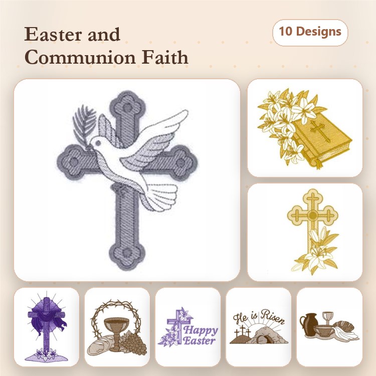 Easter and Communion Faith Embroidery Bundle – Dove with Cross, Open Bible, Easter Lily Arrangement & More (10 Designs)