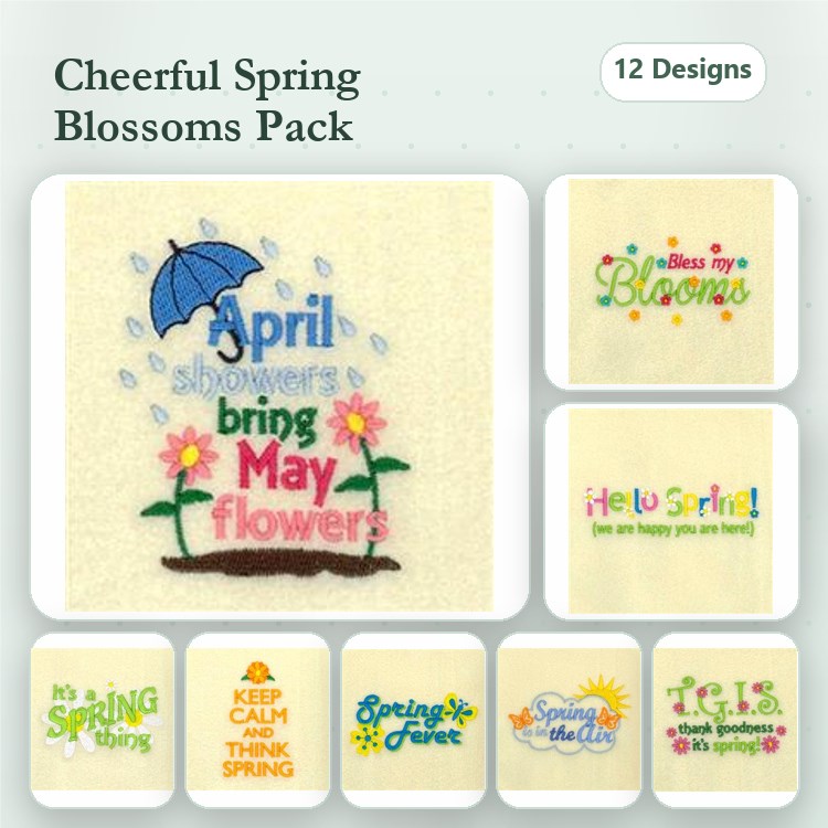 Spring Themed Embroidery Designs Bundle – April Showers, Hello Spring, T.G.I.F. & More (12 Designs)