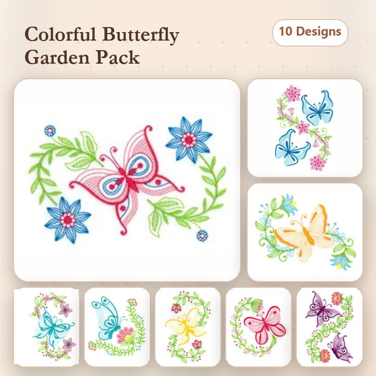 Colorful Butterflies & Flowers Embroidery Bundle – Butterfly Garden, Floral Butterfly, Blue Butterfly & More (10 Designs)