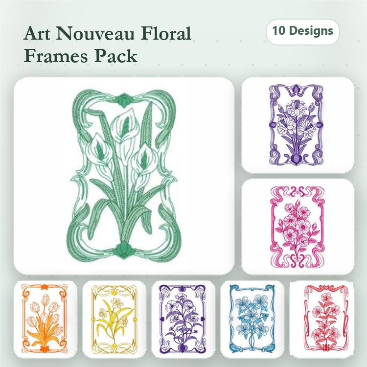 Art Nouveau Floral Frames Embroidery Designs Bundle – Tulips, Iris, Daffodils & More (10 Designs)