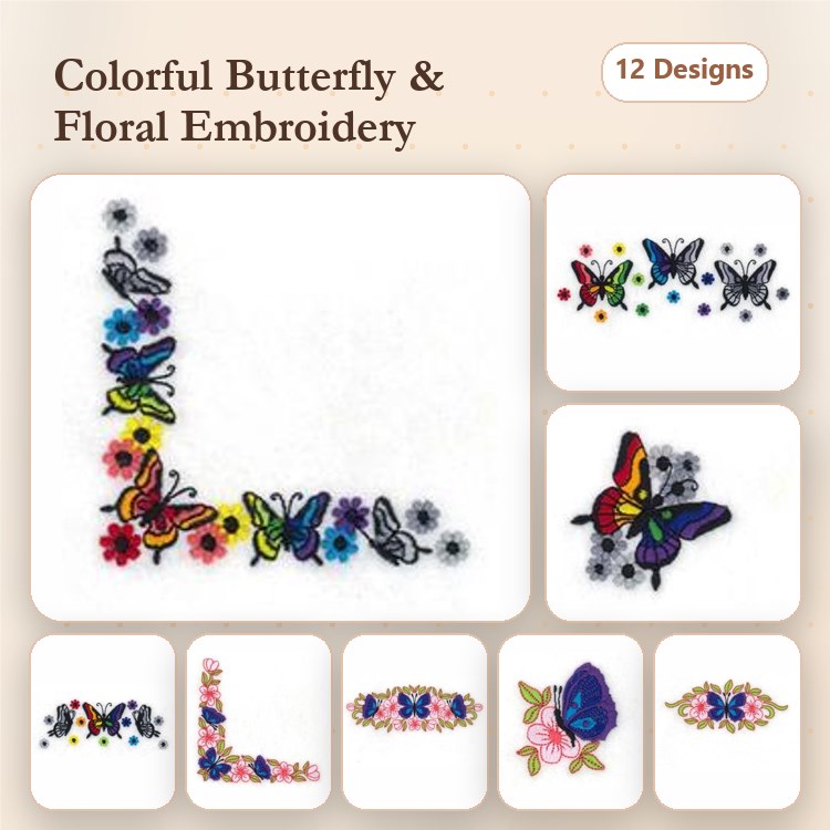 Colorful Butterflies & Floral Embellishments Embroidery Designs Bundle – Butterfly with Flowers, Floral Border, & More (12 Designs)