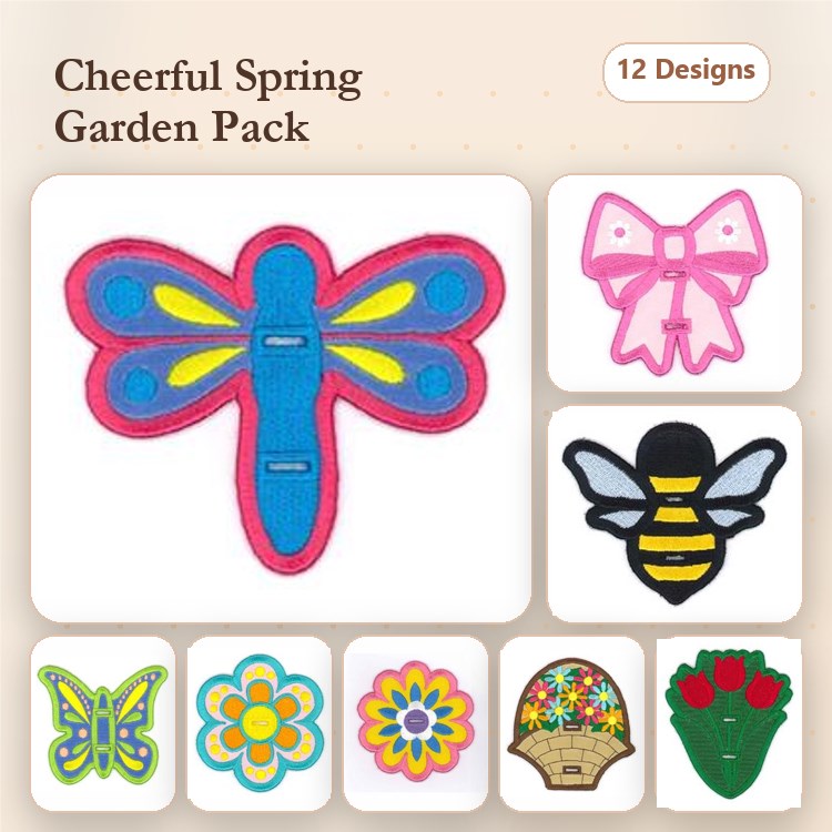 Applique Spring Garden Embroidery Bundle – Dragonfly, Bee, Butterfly, Flower & More (12 Designs)