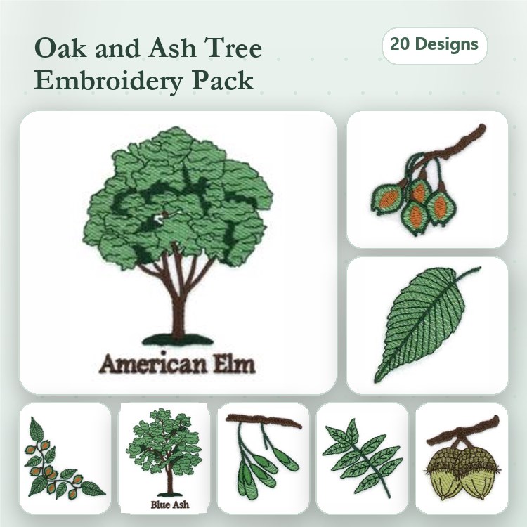 Trees and Foliage Embroidery Designs Bundle – American Elm, Blue Ash, Oak Leaves & More (20 Designs)