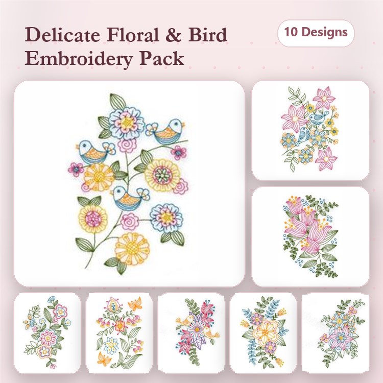 Floral & Bird Embroidery Designs Bundle – Birds and Flowers, Floral Bouquet with Birds & More (10 Designs)