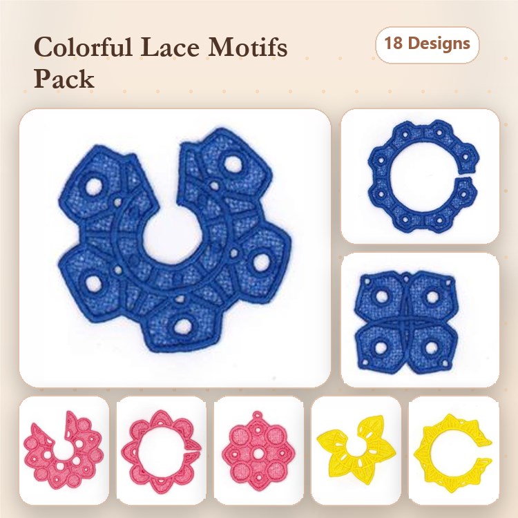 FSL Colorful Lace Embroidery Designs Bundle – Blue, Pink, Yellow, Red & More (18 Designs)
