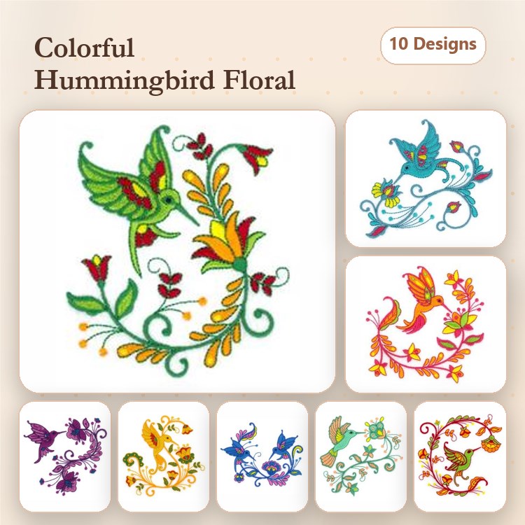Colorful Hummingbirds & Floral Embroidery Bundle – Hummingbird with Flower, Floral Flourish with Hummingbird & More (10 Designs)