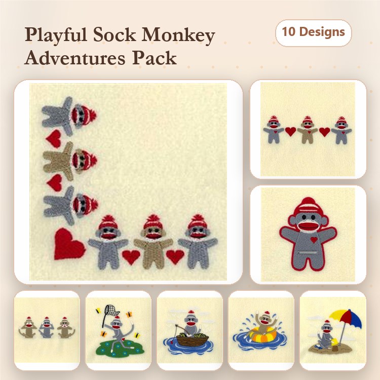 Sock Monkey Adventures Embroidery Designs Bundle – Sock Monkey with Hearts, Sock Monkey on a Boat, & More (10 Designs)