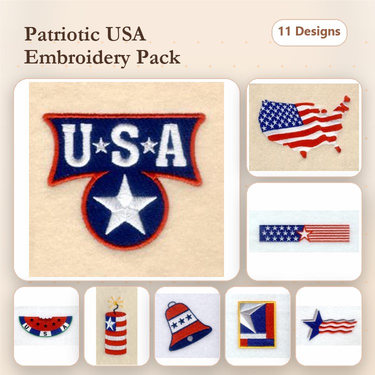 Patriotic USA Embroidery Designs Bundle – USA Emblem, USA Flag, State Shape with Flag & More (11 Designs)