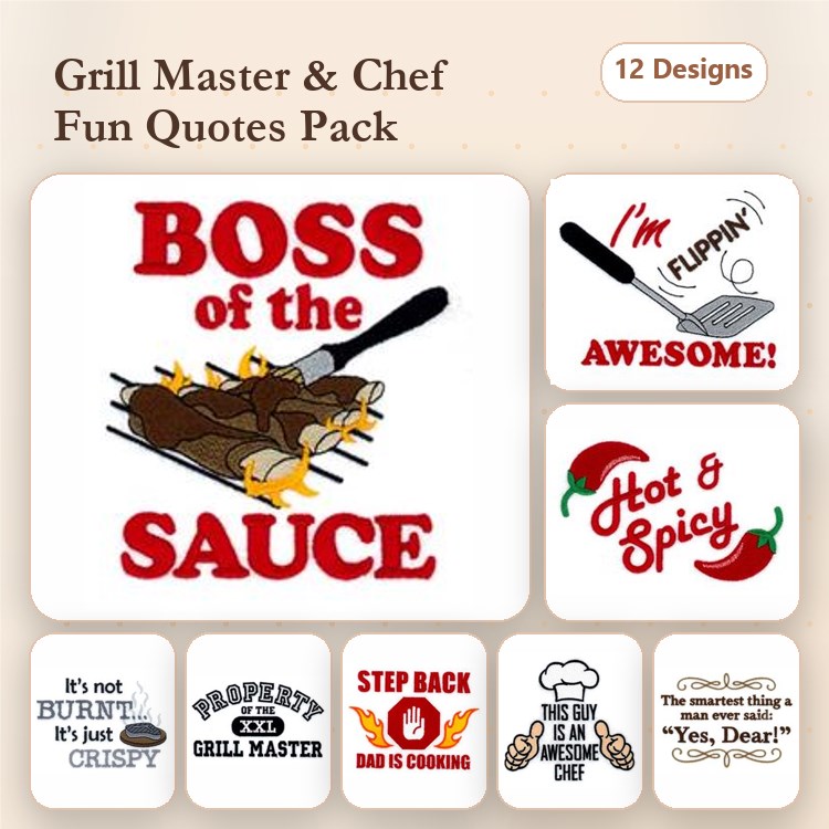 Grill Master Quotes Embroidery Designs Bundle – Boss of the Sauce, Hot & Spicy, & Fun BBQ Phrases (12 Designs)