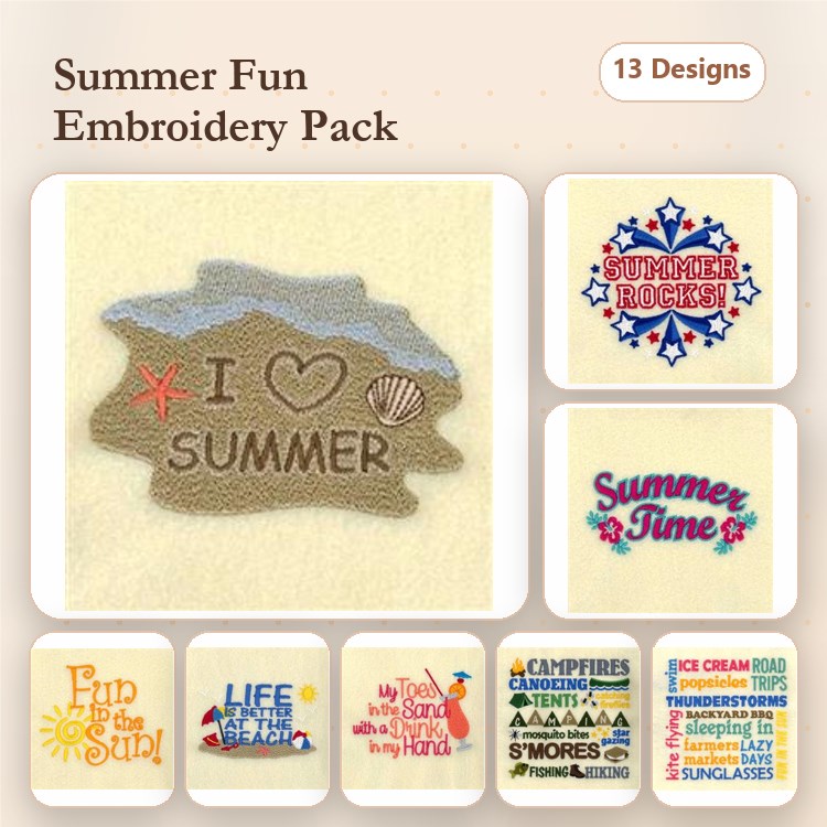 Summer Themed Embroidery Designs Bundle – I Love Summer Patch, Ice Cream Cone, Beach Umbrella & More (13 Designs)
