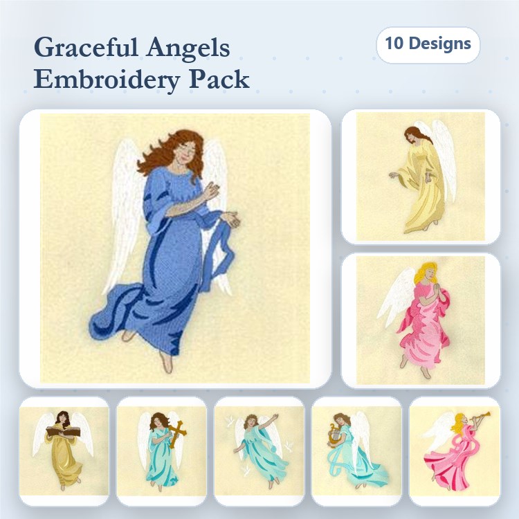 Angels Embroidery Bundle – Angel in Blue Dress, Angel with Cross, Angel with Star & More (10 Designs)