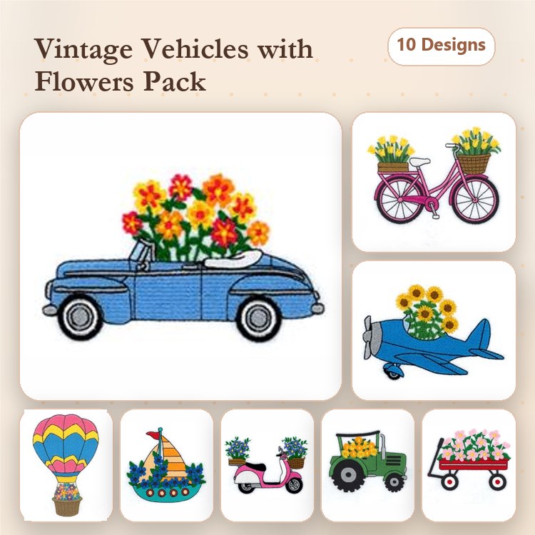 Vintage Vehicles Embroidery Designs Bundle – Classic Car, Bicycle, Airplane & More (10 Designs)