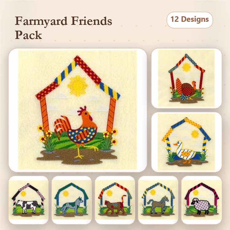 Farm Animal Embroidery Bundle – Rooster in Barn, Hen in Barn, Pig in Barn & More (12 Designs)