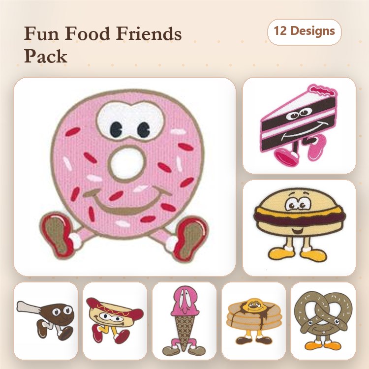 Food-Themed Characters Embroidery Designs Bundle – Pink Donut, Chocolate Cake Slice, Hamburger & More (12 Designs)