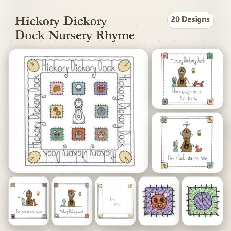 Hickory Dickory Dock Nursery Rhyme Embroidery Bundle – Mouse, Cat, Clocks & More (20 Designs)