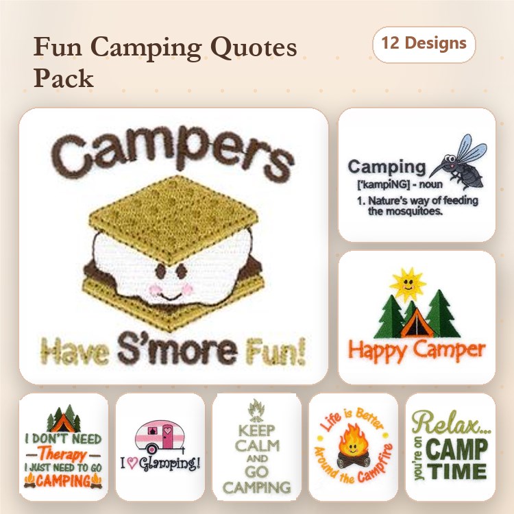Camping Quotes Embroidery Designs Bundle – Happy Camper, Have S'more Fun, Campfire & More (12 Designs)