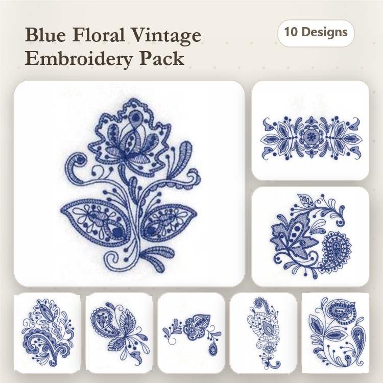Floral Vintage Embroidery Designs Bundle – Vintage Floral with Leaves, Ornate Motif, Intricate Patterns & More (10 Designs)