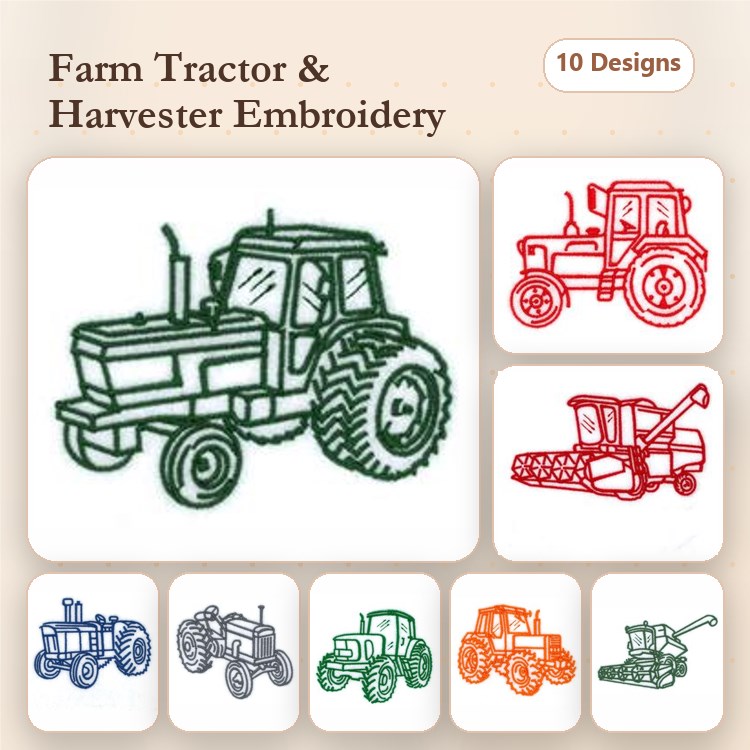Redwork Farm Machinery Embroidery Bundle – Farm Tractor, Harvester, Classic Tractor & More (10 Designs)