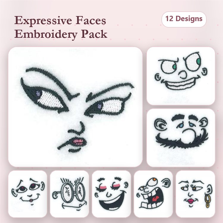 Expressive Faces Embroidery Designs Bundle – Angry, Surprised, Happy, Sad & More (12 Designs)