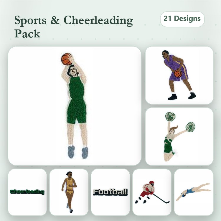 Sports & Cheerleading Embroidery Bundle – Basketball Player, Football Player, Cheerleader with Pom Poms & More (21 Designs)