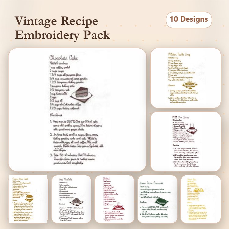 Vintage Recipes Embroidery Designs Bundle – Chocolate Cake, Vanilla Sugar Cookies, Apple Pie & More (10 Designs)