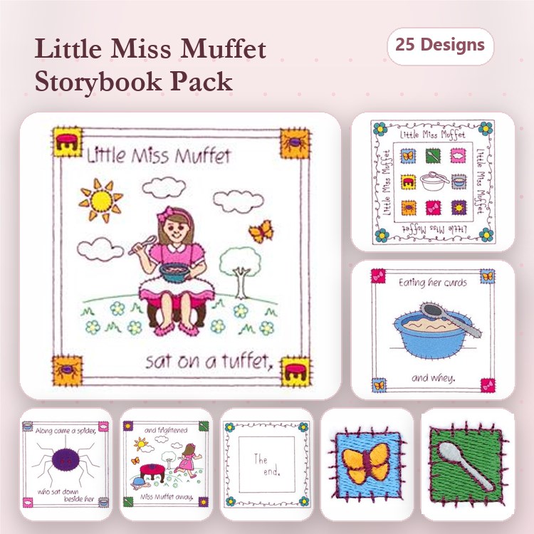 Redwork Little Miss Muffet Embroidery Designs Bundle – Little Miss Muffet, Spider, Bowl of Curds & More (25 Designs)