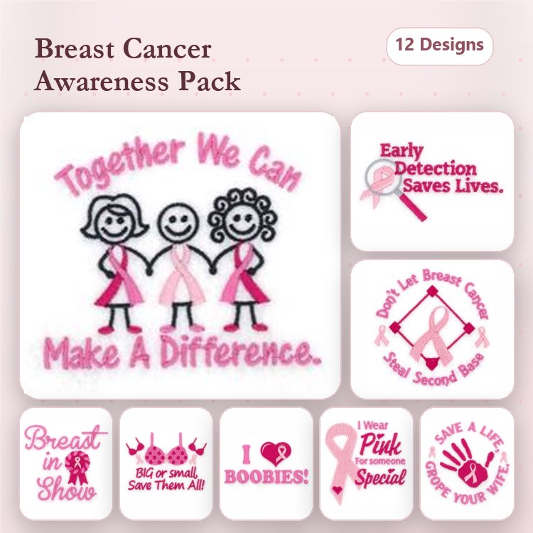 Breast Cancer Awareness Embroidery Designs Bundle – Together We Can Make A Difference, Early Detection Saves Lives, & More (12 Designs)