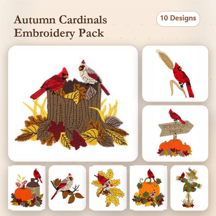 Autumn Cardinals with Leaves Embroidery Designs Bundle – Red Cardinal on Stump, Pumpkin with Cardinal, Cardinal Family & More (10 Designs)