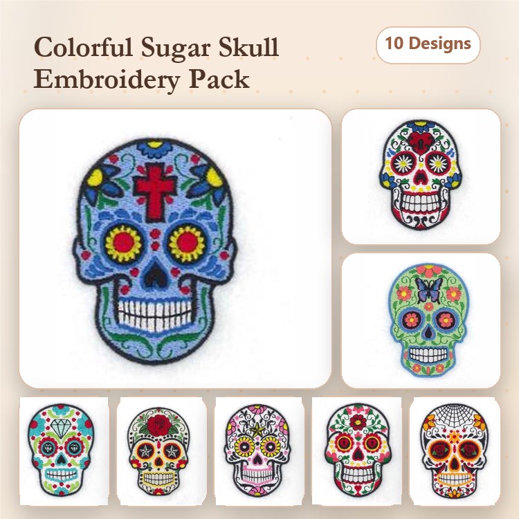 Colorful Sugar Skulls Embroidery Bundle – Sugar Skull with Cross, Sugar Skull with Flowers, & More (10 Designs)