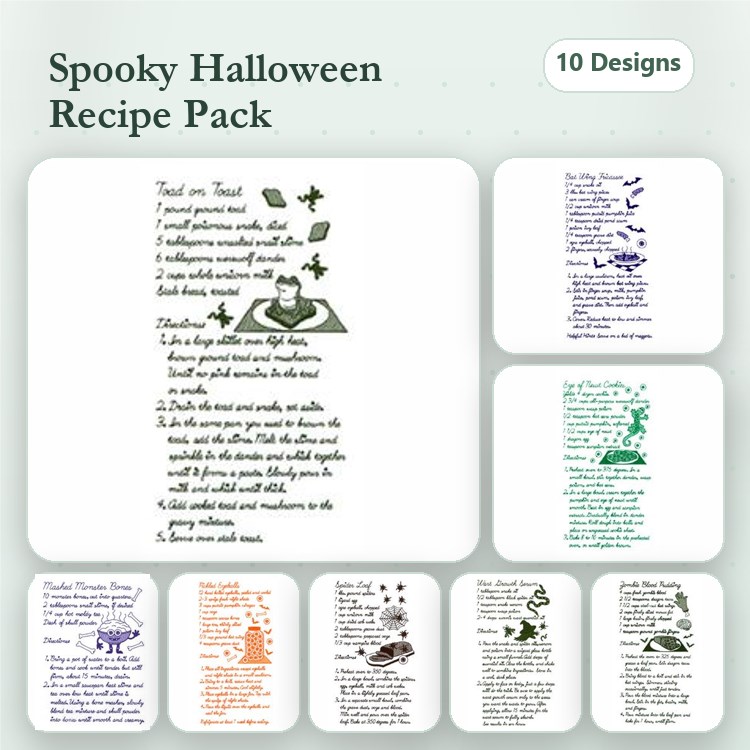Halloween Recipe Embroidery Designs Bundle – Witch's Brew, Ghostly Cupcakes, Monster Cookies & More (10 Designs)